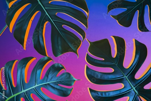 A photo of a vibrant background with a silhouette of tropical leaves