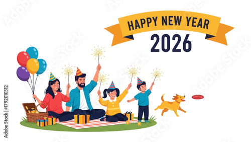 New Year Celebration with Family: A happy family of five is celebrating the new year 2026, with colorful balloons, a picnic basket, a happy dog.