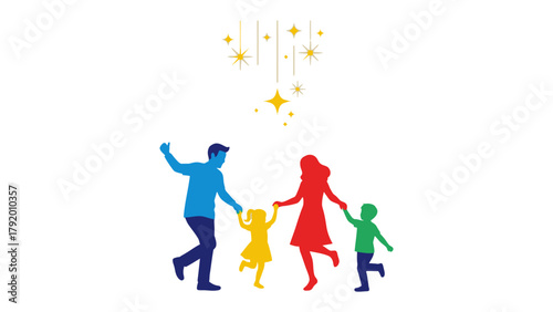 Joyful Family Silhouette: A colorful silhouette of a family, dancing and celebrating with joy, representing the warmth and bond of familial love, all under the sparkling stars.
