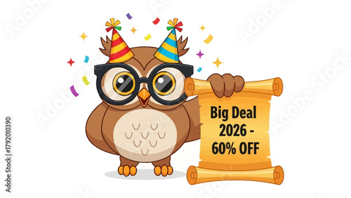 Party Owl with Deal: An adorable owl with glasses and party hat unveils a Big Deal scroll, creating a sense of fun and promoting excitement.