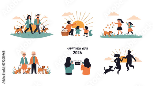 New Year Family: Several vignettes depict families enjoying the start of the year 2026, including activities such as walking dogs, playing games, and sharing in the joy of the holiday.