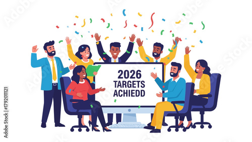 Celebration of 2026 Goals: A vibrant team celebrates achieving their 2026 targets, a moment of triumph and teamwork, illuminated by confetti and the glow of success.