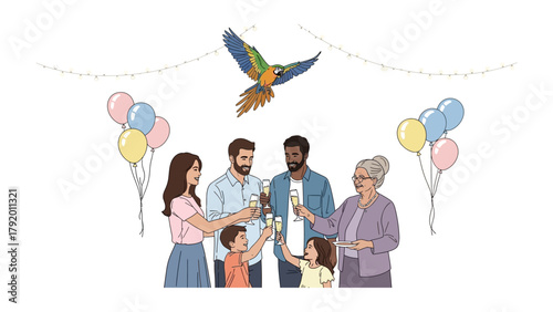 Family toast with parrot : A family gathers to celebrate a joyous occasion. They raise glasses of champagne in a toast, while a parrot flies overhead, and the area is decorated with balloons.