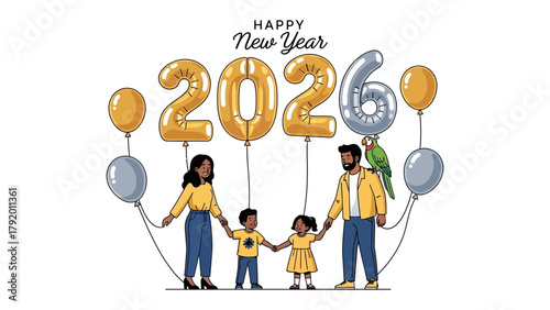 Family New Year Celebration 2026: A happy family joyfully ushers in the new year 2026 with a sense of excitement and celebration, symbolized by balloon numbers and a heartwarming gathering.