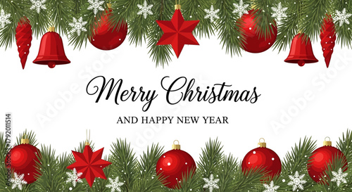 Festive Christmas and New Year Banner with Evergreen Branches, Red Ornaments, and Snowflakes for Holiday Greetings and Seasonal Celebrations