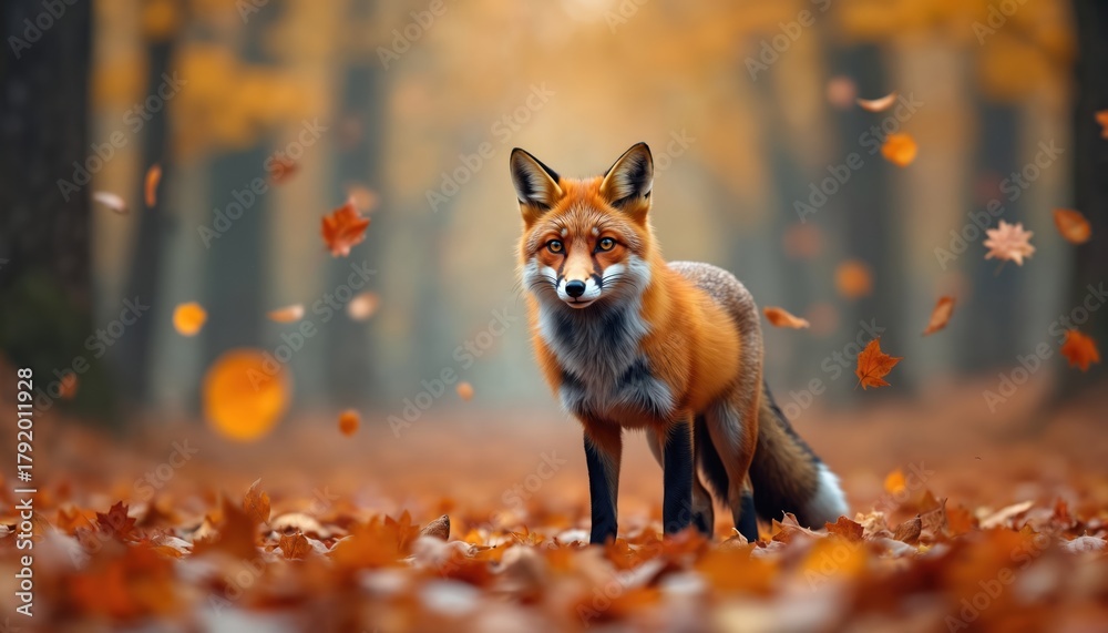 Naklejka premium Fox stands in autumn forest surrounded by falling leaves. Orange fur animal in its natural habitat. Forest background with trees. Wildlife photo with copy space.