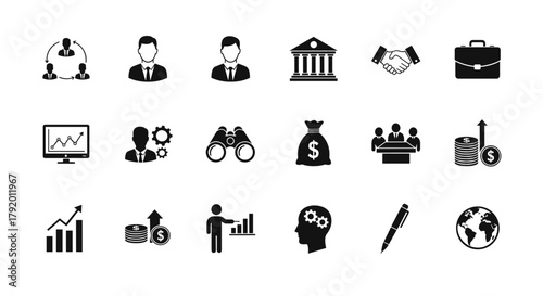 Corporate Business and Finance Glyph Vector Icon Set: Collection of Solid Silhouette Symbols for Investment, Banking, Management, Strategy, Analysis, Global Economy, and Teamwork