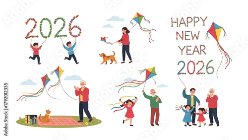 Joyful Family Kite Festival: The image beautifully captures heartwarming family moments, with generations united in the joyful tradition of flying kites, celebrating the New Year 2026.