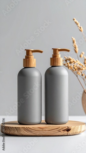 Two gray bottles, wood, and dried grass