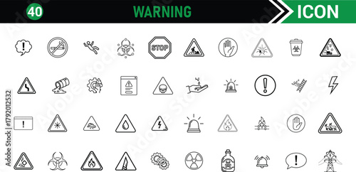 Warning icon set. Including stop, alert, caution, danger, hazard, prohibited, forbidden, beware, restricted, unsafe. vector illustration