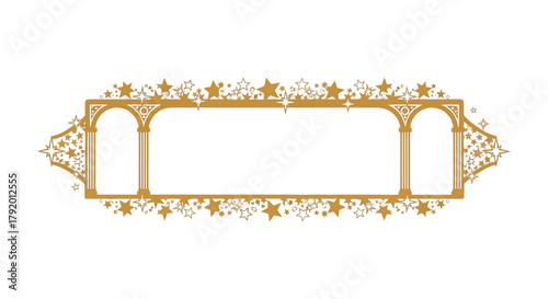 Elegant ornate golden frame with decorative floral elements and arched openings on a white background
