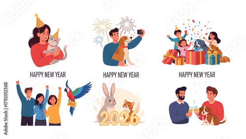 New Year Celebration Moments: A collage of illustrations depicts the jubilant atmosphere of the New Year, showcasing diverse individuals celebrating with their pets and loved ones, fireworks.