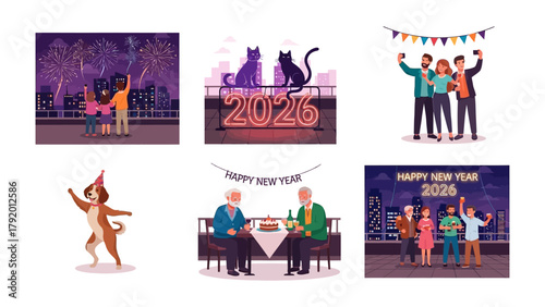 New Year 2026 Celebration: A mosaic of festive moments celebrating the arrival of the New Year, showcasing diverse revelry with fireworks, gatherings, and joyful scenes.