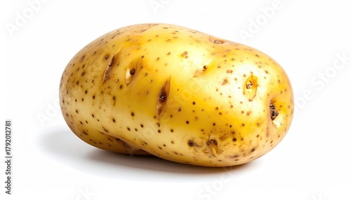 Uncooked tan potato on white backdrop