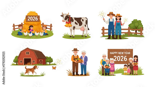 Year 2026: Agricultural Harmony - A collection of illustrations celebrating farming and the upcoming year, showcasing various elements of rural life and agricultural practices.