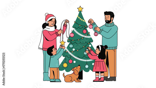Family Decorating Christmas Tree: A family collaboratively decorates a Christmas tree together, creating joyful memories and sharing the festive spirit of the holiday season. 
