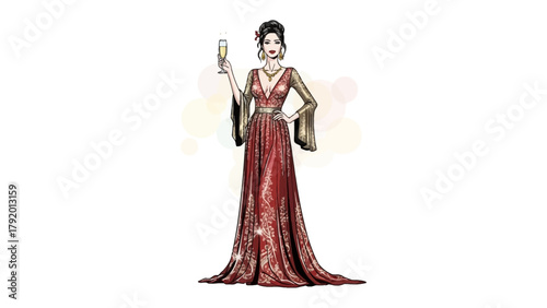 Elegant Celebration: An illustration of a woman in a dazzling, flowing gown holding a champagne glass, embodies sophistication. A scene of glamour and elegance.