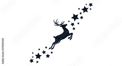 Silhouette of a leaping reindeer with a trail of stars against a white background