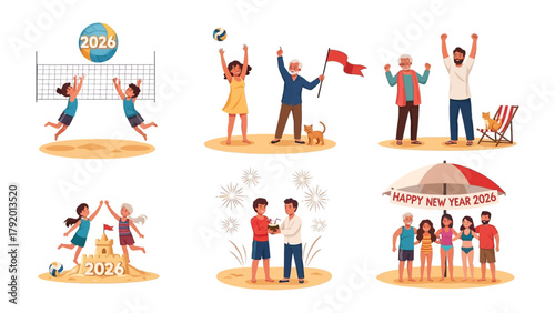 New Year on the Beach: Celebrating with beach games and warm sunlight! A vivid illustration with people enjoying outdoor sports with friends and families to welcome New Year.