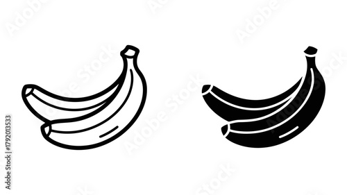 Simple illustration of two banana icons, a hollow outline version and a filled black silhouette, perfect for graphic design and health themes.