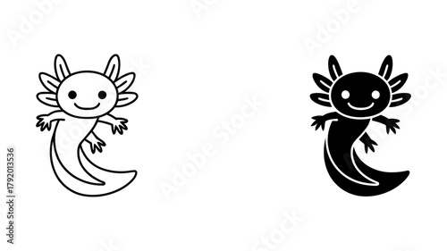 Axolotl cartoon icon, featuring a cute smiling amphibian with gills, presented as a clean outline vector illustration and a solid black silhouette.