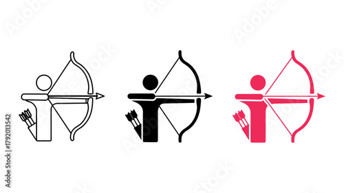 Archer icon set showcasing three distinct stylistic variations of a person aiming a bow and arrow, representing sports, goal, and precision concepts.