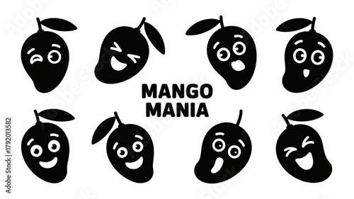 Cartoon mango character set with various facial expressions and "mango mania" text, perfect for fun food themes and playful designs.