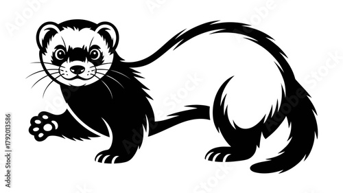 Black and white vector illustration of a domestic ferret, a playful and curious mustelid, standing alertly, looking forward with bright eyes.