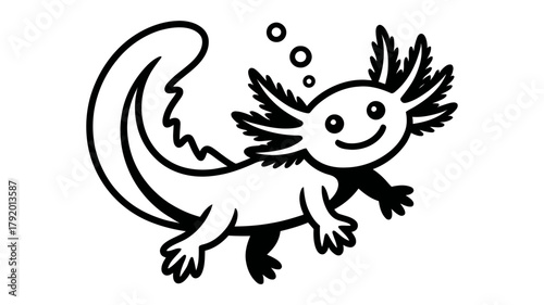 Cute cartoon axolotl swimming with bubbles, stylized black and white line art illustration, aquatic pet, mexican salamander, adorable amphibian design vector.