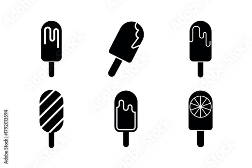Popsicle and Ice Cream Bar Icon Set. Vector Collection of Summer Dessert and Ice Candy Icons in Black Glyph Silhouette Style