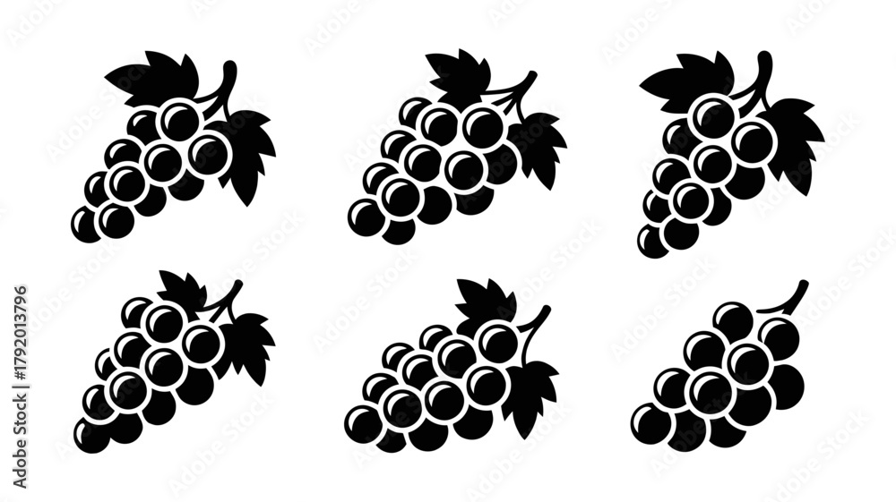 Fototapeta premium A collection of six distinct black silhouette grape icons, stylized bunches of fruit with leaves, ideal for wine, food, harvest, agriculture, and graphic designs.