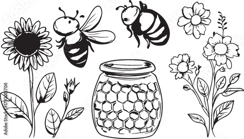 A seamless vector pattern illustrates olive oil, vinegar, and olives alongside sweet summer fruits like grape, raspberry, and strawberry on a decorative branch