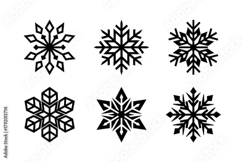 Snowflake Icon Set. Vector Collection of Winter, Ice, and Christmas Decoration Icons in Black Glyph Silhouette Style