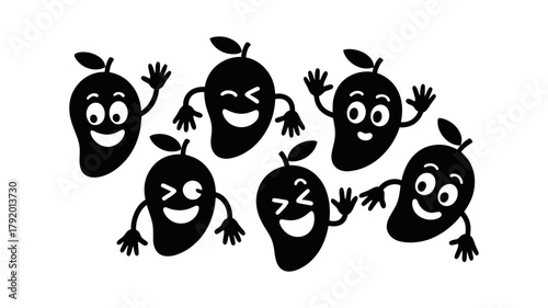 Joyful cartoon mango characters waving with diverse happy expressions, playful tropical fruit mascots vector illustration, cheerful doodle design concept