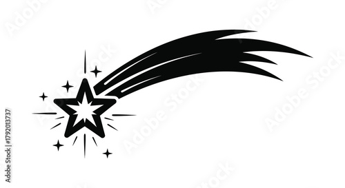 Hand drawn black silhouette of a shooting star with a bright starburst and trailing tail on white background