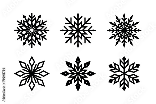 Snowflake Icon Set. Vector Collection of Winter, Ice, and Christmas Decoration Icons in Black Glyph Silhouette Style