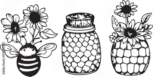 Hand-drawn vase with flowers in a sweet red glass jar of homemade cherry jam vector illustration