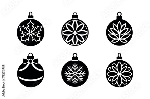 Christmas Ornament Icon Set. Vector Collection of Holiday Bauble, Decoration, and Festive Icons in Black Glyph Silhouette Style