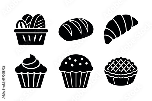 Bakery Food Icon Set. Vector Collection of Bread, Pastry, and Dessert Icons in Black Glyph Silhouette Style