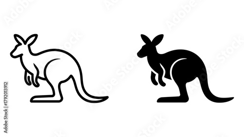 Minimalist kangaroo outline and solid fill icons, vector graphic representation of an australian marsupial animal symbol for various designs.