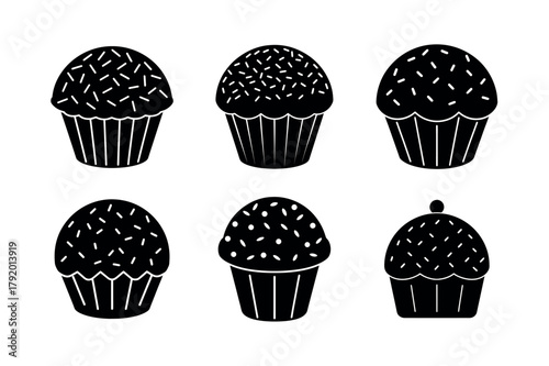 Cupcake Icon Set. Vector Collection of Muffin, Dessert, and Sprinkles Icons in Black Glyph Silhouette Style