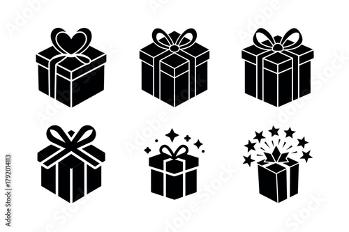 Gift Box Icon Set. Vector Collection of Present, Surprise, and Ribbon Icons in Black Glyph Silhouette Style