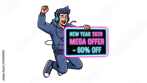 Celebration of New Year Offer: A lively illustration showcases a young man in celebration, advertising a mega offer for the upcoming new year.
