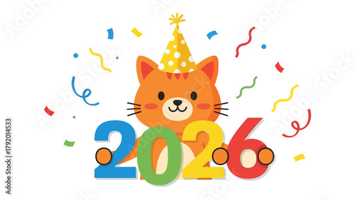Celebratory Cat for the New Year 2026: An adorable cartoon cat with a party hat joyfully ushers in the year 2026, surrounded by festive confetti.