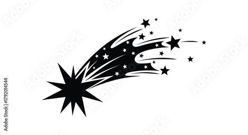 Stylized black silhouette of a shooting star with a trailing tail of smaller stars and sparkles against a white background
