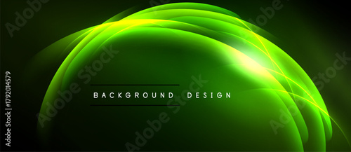 Bright green abstract waves form dome shape. Dark background enhances glowing effect. Text reads background design.