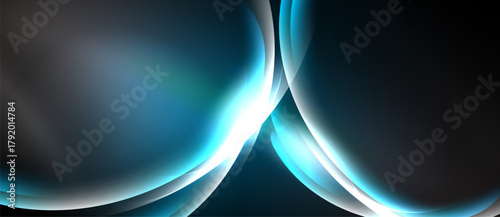 Abstract design features flowing curves, cool blues, bright whites against dark background. Minimalist, modern aesthetic. Smooth gradients create depth.
