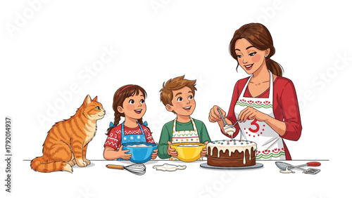 Baking with love: A heartwarming scene unfolds as a mother and her children gather in the kitchen. With a cat watching them. the children enthusiastically decorate a cake.