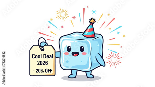 Cool Deal Cube Mascot : A cheerful cube mascot celebrates a cool deal, holding a tag with Cool Deal 2026 -20% Off . Colorful fireworks light up the background, adding a celebratory feel. 