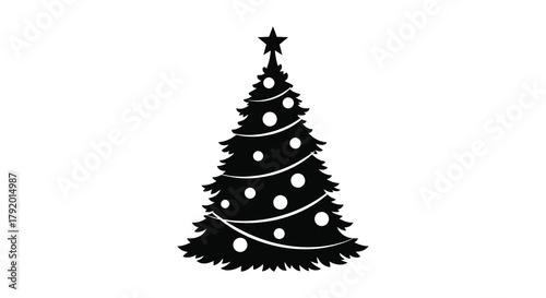 Black silhouette of a decorated christmas tree with ornaments and star on top